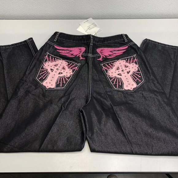 NEW JADED LONDON Men's Sapphire XL Colossus Wide Leg Jeans – Size 30 –Black/Pink - Picture 8 of 11